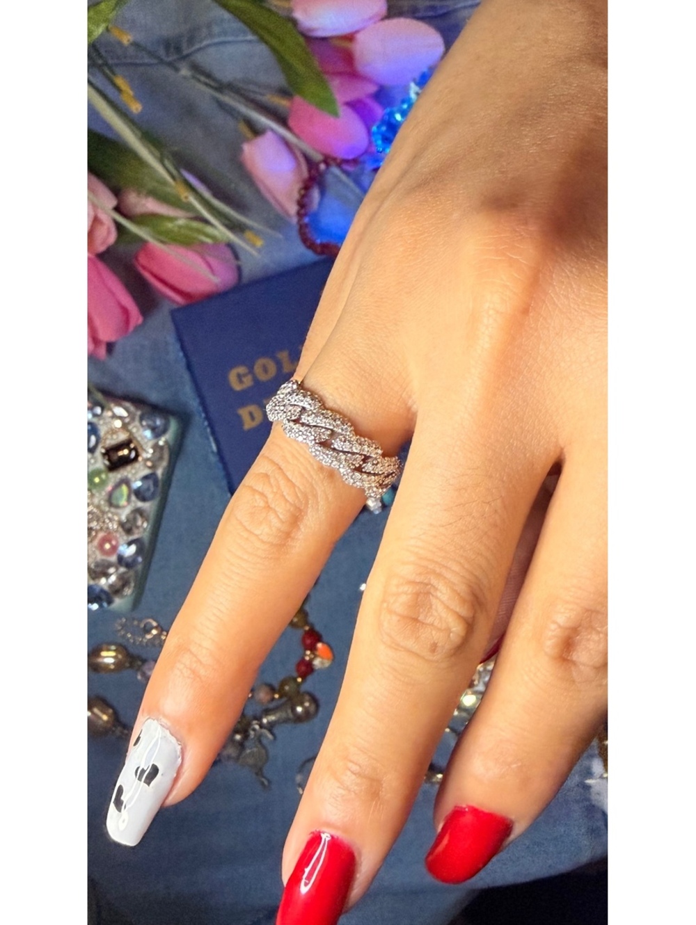 Elegant Silver 925 solid  Chain Link Ring with Pavé Cubic Zirconia Accents size